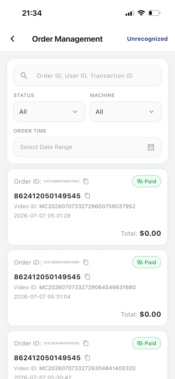 Order Management mobile app view