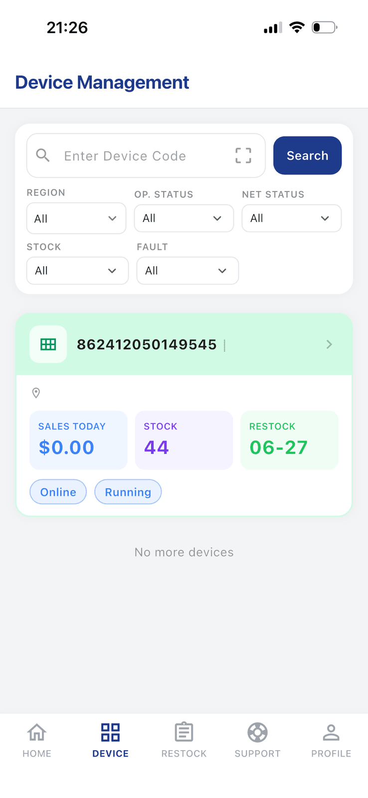 Device Management mobile app view