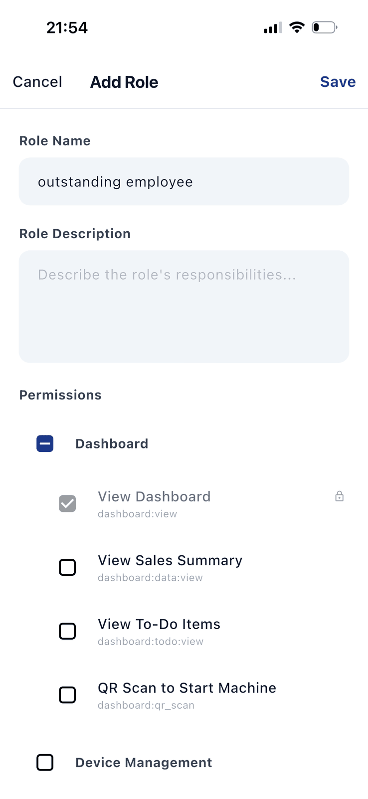Staff Permissions mobile app view